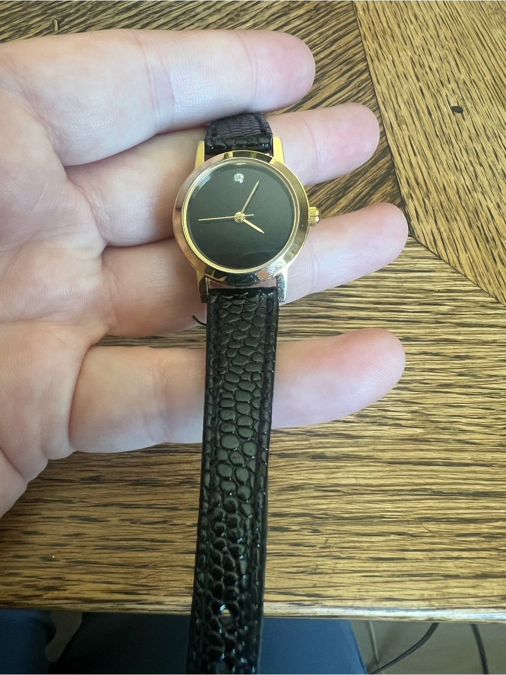Black Genuine Leather Watch – Gold Tone – Crystal Accent – Untested